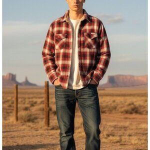 Lucky Brand Mens Small Red Flannel Sherpa Lined Pearl Snap Plaid Shirt Jacket